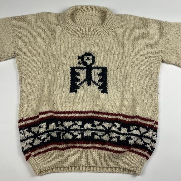 Vintage Cowichan Tribal Native American Hand Knit Cream Wool Sweater Size Medium - Picture 2 of 8